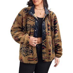 Fashionable Plus Size Fleece Jacket with Practical Pockets - Aztec Brown